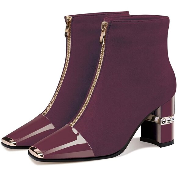 Ankle Booties Block Heeled Burgandy Suede Short Boots Front Zipper Boots - Picture 3 of 6
